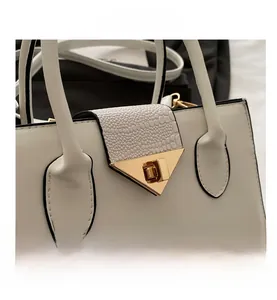 Close-up of stylish handbag featuring cream leather, textured flap, and gold lock detail
