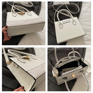 Detailed four-angle view of a white leather crossbody bag with snake-skin texture and gold lock