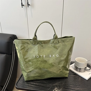 Women's Trendy Large Capacity Tote Bag Minimalist DuPont Paper Texture PU Leather Shoulder Bag Letter Print Handbag