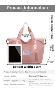 Detailed size dimensions of the pink nylon travel bag with internal pocket layout