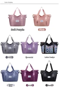Matrix display of large travel bags in eight colors including pastel purple and blue