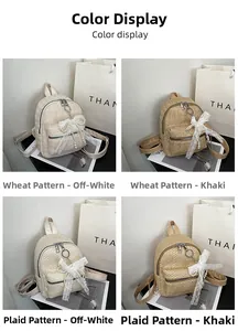 Detail showing straw woven mini backpacks in wheat and grid patterns with lace bows