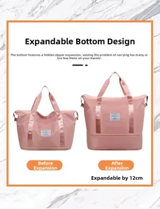 Detail of pink travel bag showing expandable bottom design with 12cm zipper extension