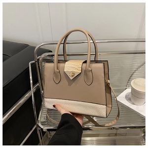 Detail of structured beige and taupe handbag showing crocodile texture and gold metal clasp