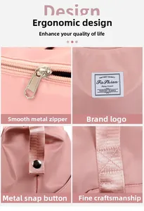 Detailed view of pink travel bag showing metal zippers, snaps, and reinforced stitching