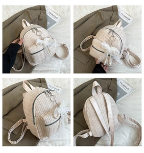 Detail view of woven straw mini backpack with lace bow and pearl charms in 4-grid layout