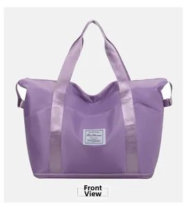 Front view of purple large capacity nylon travel bag with a separate bottom shoe compartment