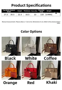 Size chart for crocodile pattern tote bag with detailed dimensions and 6 color options