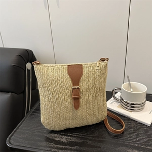 Women Summer Straw Woven Shoulder Bag Casual Beach Crossbody Bag With PU Leather Trim Metal Buckle Bohemian Style Fashion Bag