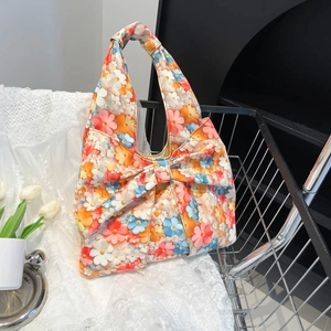 Women's Floral Print Bow Shoulder Bag Sweet Aesthetic PU Handbag Trendy Underarm Bag For Daily Dating Vacation Fashion Tote