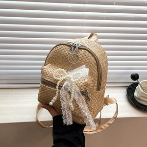 Women Straw Woven Fashion Backpack Summer Beach Bag With Lace Bow Artificial Pearl Charm Sweet Casual Small Travel Schoolbag