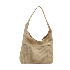 Summer woven beach tote bag with wide shoulder strap and large capacity in beige
