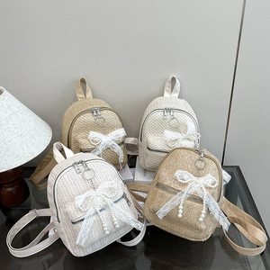 Straw woven backpacks with lace bows and pearl charms for women's summer casual style