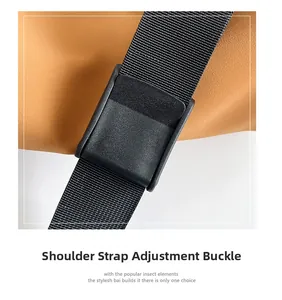 Detail of adjustable nylon shoulder strap with plastic buckle on a brown PU bucket bag