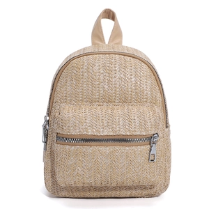 Large capacity woven straw backpack for women with herringbone texture and silver zippers