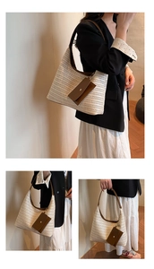 Close-up of straw woven tote with brown leather straps and detachable small pouch