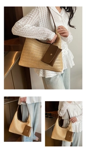 Detail view of woven straw tote bag with brown leather shoulder strap and mini pouch