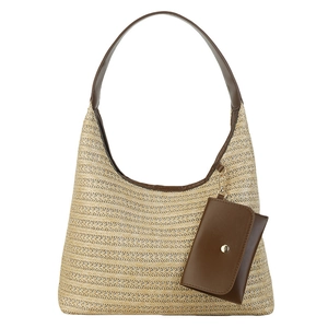 Large straw tote bag for women with brown leather straps and detachable card pouch