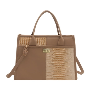 Fashionable brown crocodile texture tote bag with color blocking and gold twist lock clasp