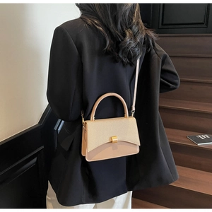 Beige two-tone small crossbody bag with gold buckle shown on a person on stairs