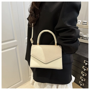 Beige crossbody flap bag with woven texture and gold hardware worn by a model