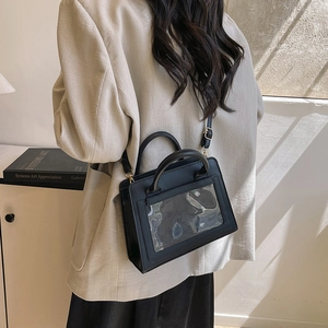Black leather handbag with transparent PVC window and adjustable strap for women