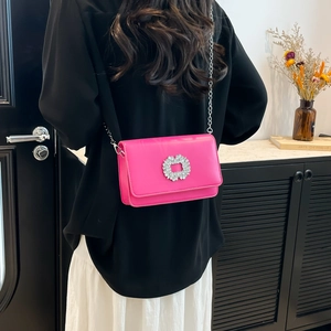 Chic rose red crossbody bag with rhinestone buckle and silver chain strap for women