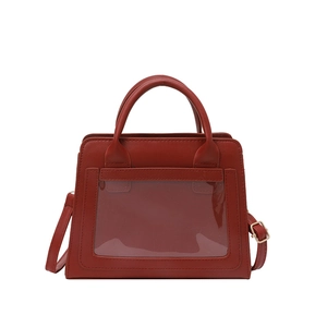 Solid red PU leather handbag with transparent PVC front window and detachable strap