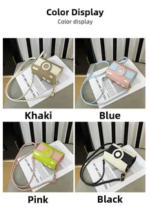Four colorful camera-shaped mini crossbody bags in synthetic leather with metal buckles