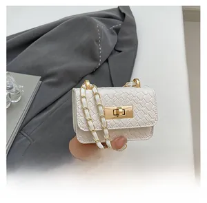 Detail of white woven crossbody bag featuring a golden twist lock and chain strap