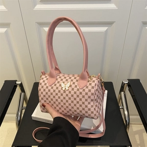 Women's Retro Geometric Print Boston Bag Sweet Butterfly Decor Small Square PU Leather Shoulder Crossbody Handbag With Strap