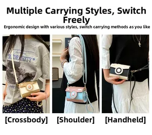 Detailed views of vintage camera style crossbody bag showing handheld and shoulder options