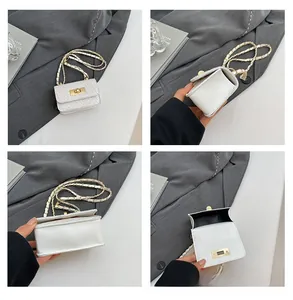 Detailed views of white quilted mini chain bag with golden twist lock and leather strap