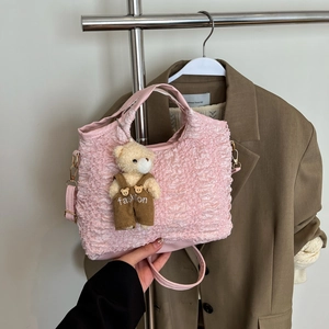 Women Korean Style Pleated Handbag Elegant Bubble Textured Crossbody Bag With Teddy Bear Charm Fashion Versatile Shoulder Bag