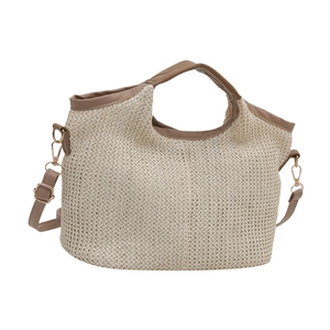 Minimalist cream woven straw tote bag with brown leather handles and gold hardware detailing
