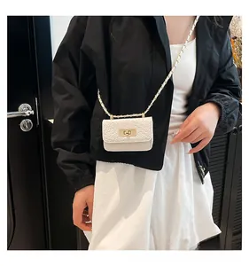 Detail of white woven mini shoulder bag with gold turn-lock closure and chain strap