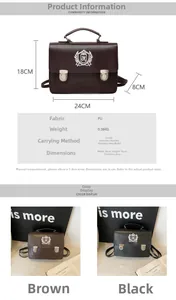Detailed size chart and multi-view of retro PU leather backpack with dimensions