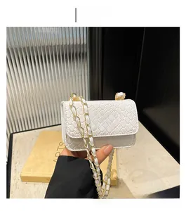 Detail of white woven mini flap bag with gold metal twist lock and chain strap