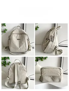 Detailed four-way views of cream nylon backpack showing adjustable straps and front pocket
