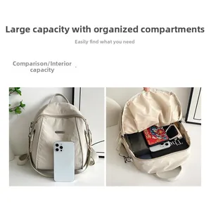 Detail view of cream nylon backpack showing large capacity and internal compartments