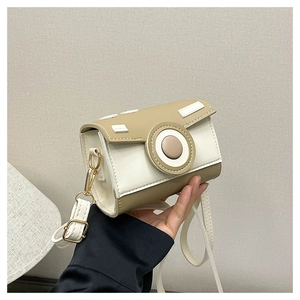 Creative camera-shaped crossbody bag featuring beige contrast stitching and gold hardware