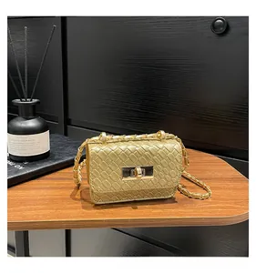 Macro shot of champagne gold woven texture and metal buckle on chain shoulder bag