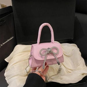 Mini Sac à Épaule avec Nœud en Strass Sac à Main Carré en Cuir PU avec Chaîne en Métal Sac de Fête pour Femmes