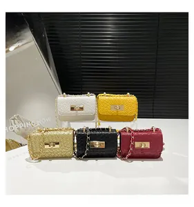Set of mini quilted chain bags in five colors with gold clasp and elegant metal strap