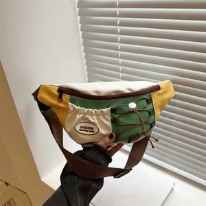 Mode Farbblock Patchwork Gürteltasche Für Damen Streetwear Crossbody Brusttasche Mit Verstellbarem Riemen Kordelzug PU Leder