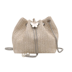 Beige woven straw bucket bag with silver chain strap and decorative pearl tassels