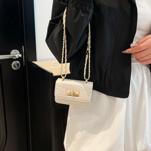 Chic white woven mini shoulder bag with gold twist lock and chain strap on a model