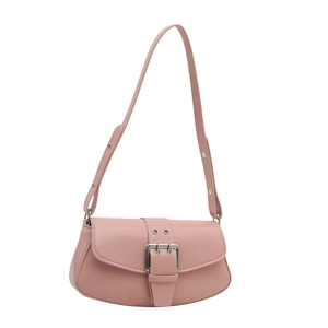 Pink faux leather shoulder bag with oversized silver buckle in trendy Y2K fashion style