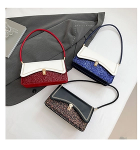 Detailed comparison of three sequined shoulder bags in red, blue, and black finishes