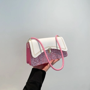 Fashion Women PU Leather Sequin Splicing Shoulder Bag Large Capacity Underarm Square Bag Metal Lock Elegant Handbag For Party Daily
